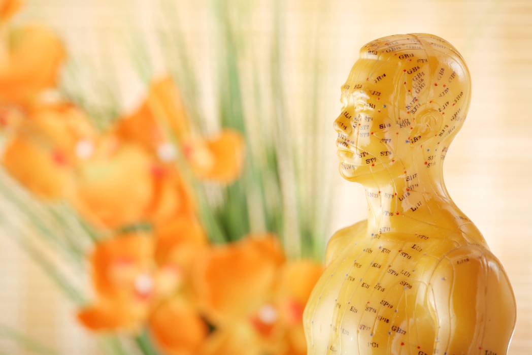 A statue of a person in front of flowers.